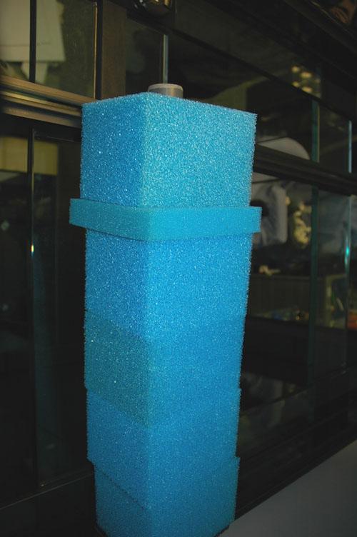 Photo showing the correct order for the sponges in the overflow box.